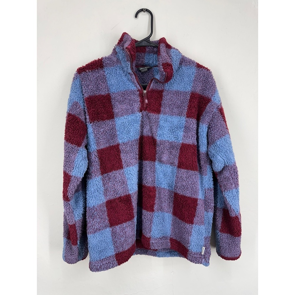 Eddie Bauer Fleece Sweater Womens MEDIUM Plaid 1/4 Zip Pullover Outdoors Cozy